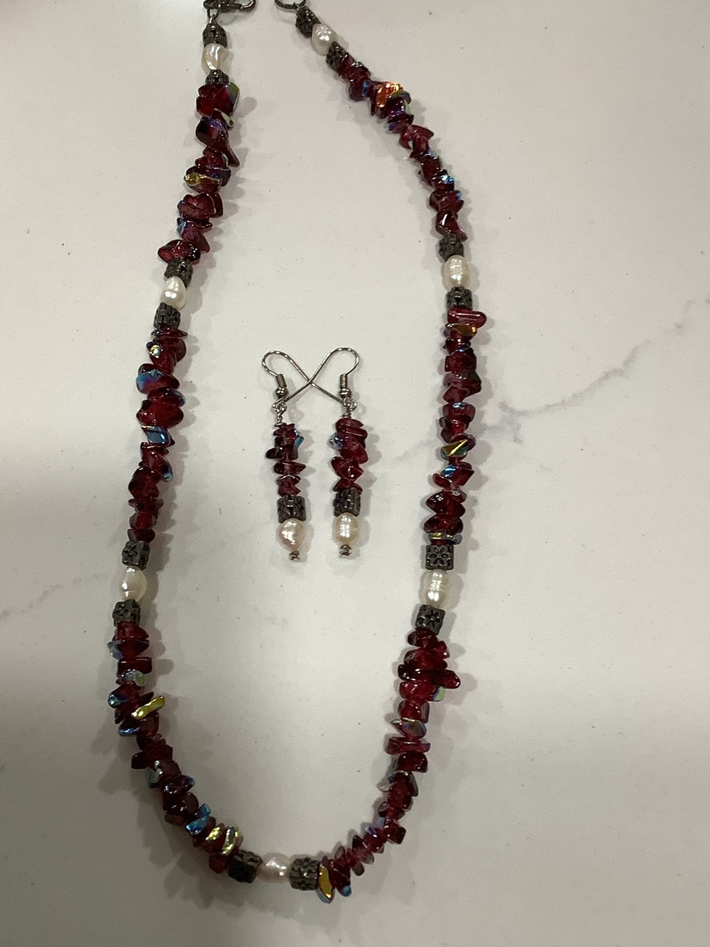 Deep Red Chip Bead Necklace and Earring Set - Elegant Women's Jewelry